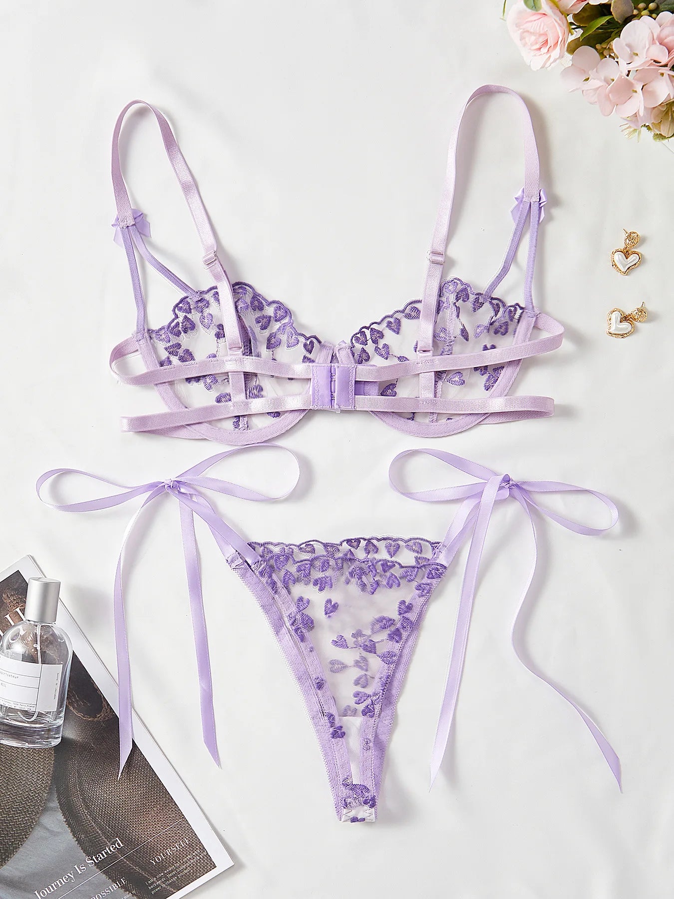 Heart Embroidery Lace Lingerie Set with Bow Details