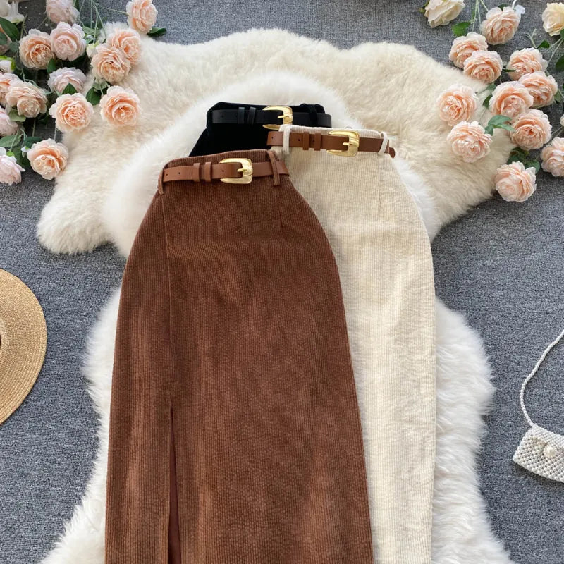 Side Split High Waist Corduroy Pencil Skirt