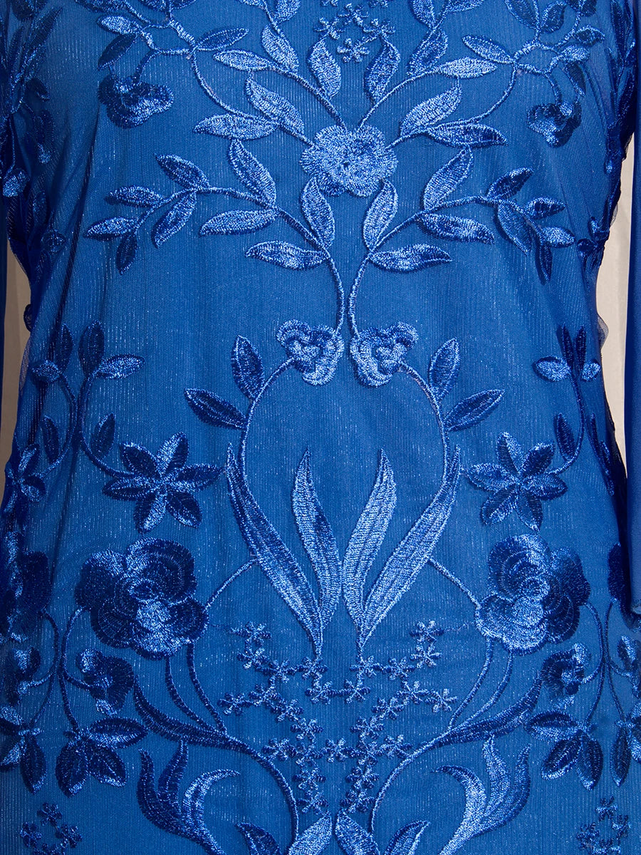 Mother of the Bride Floral Embroidered Lace Blue Dress