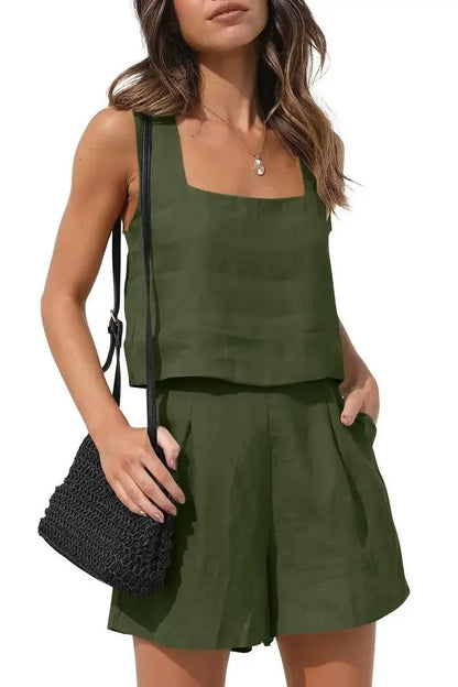 Linen Square Neckline Sleeveless Top and Shorts Set