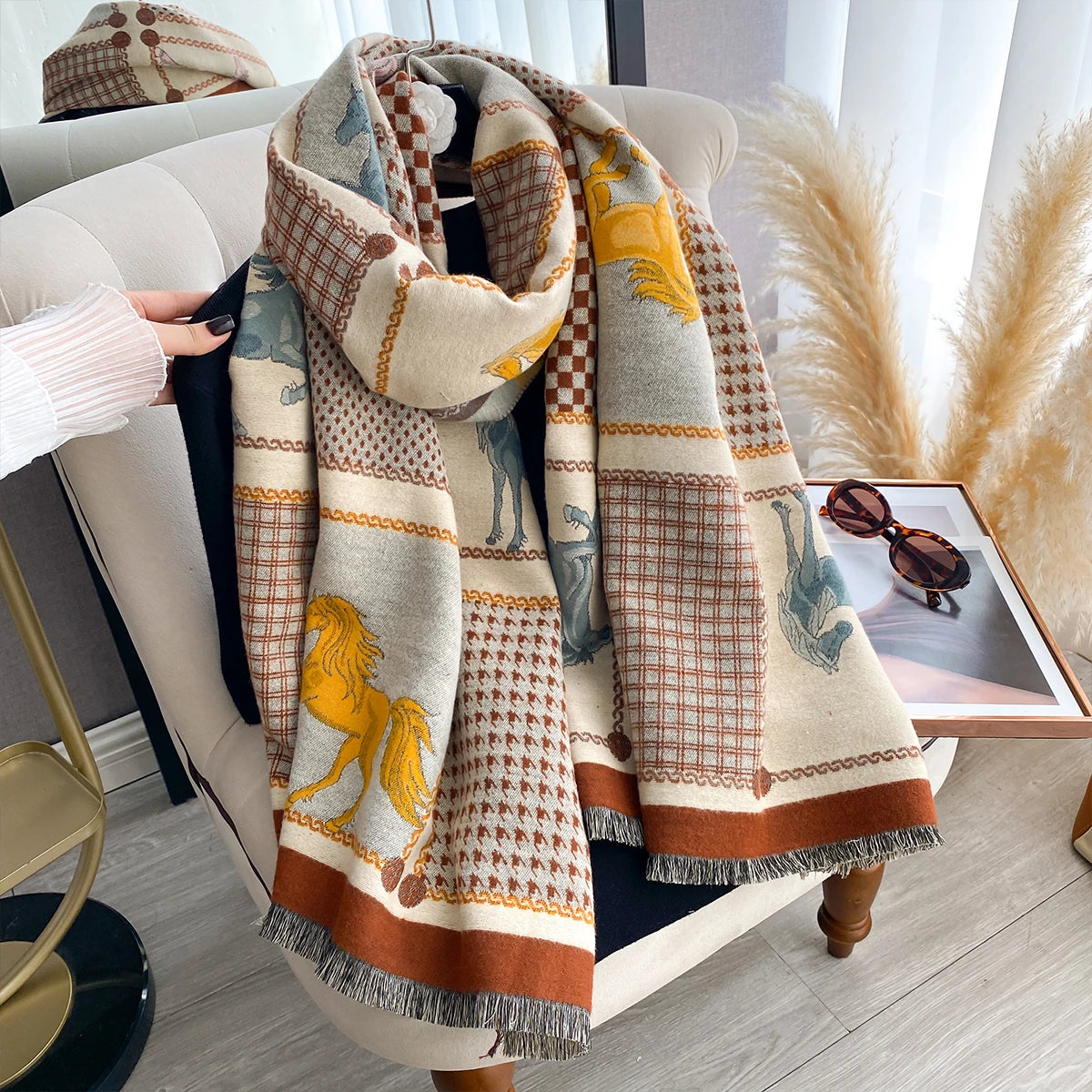 Double-Sided Horses Print Scarf