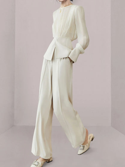 Long Sleeve Top with Wide Leg Trousers Semi-Formal Ivory Suit