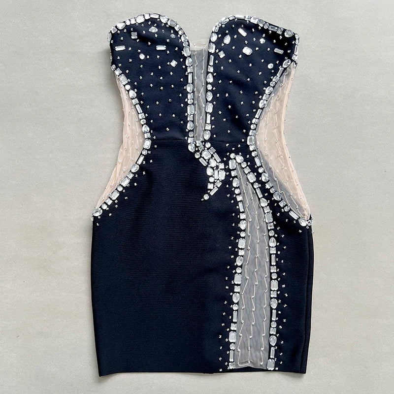 Strapless Cut-Out Details Mini Crystal Encrusted Black Dress