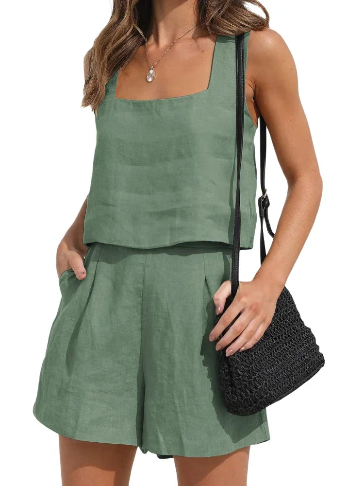 Linen Square Neckline Sleeveless Top and Shorts Set