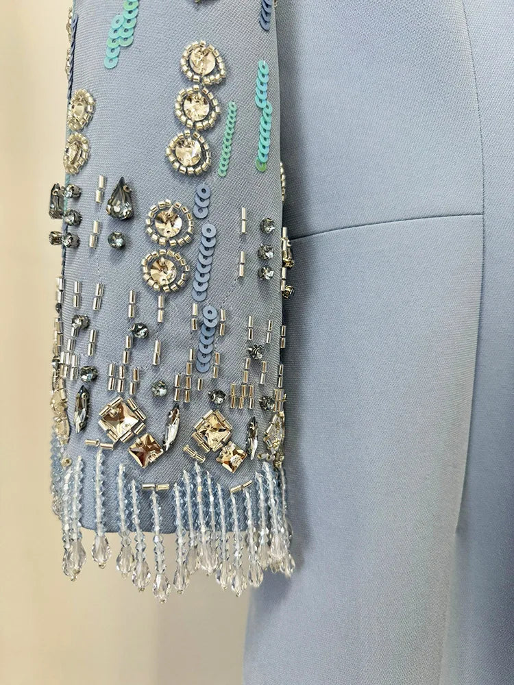 Beaded Haute Couture Floor-Length Dress – 3/4 Sleeves, Formal Elegance
