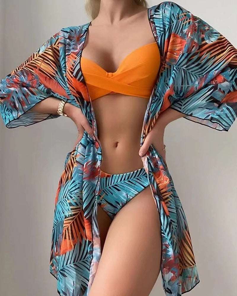 Floral 3 Pieces Low Waist Bikini Set with a Matching Cover-up Kimono