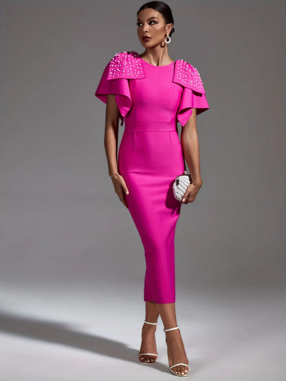 Crew Neckline Maxi Fuchsia Butterfly Sleeves Pearl Details Dress