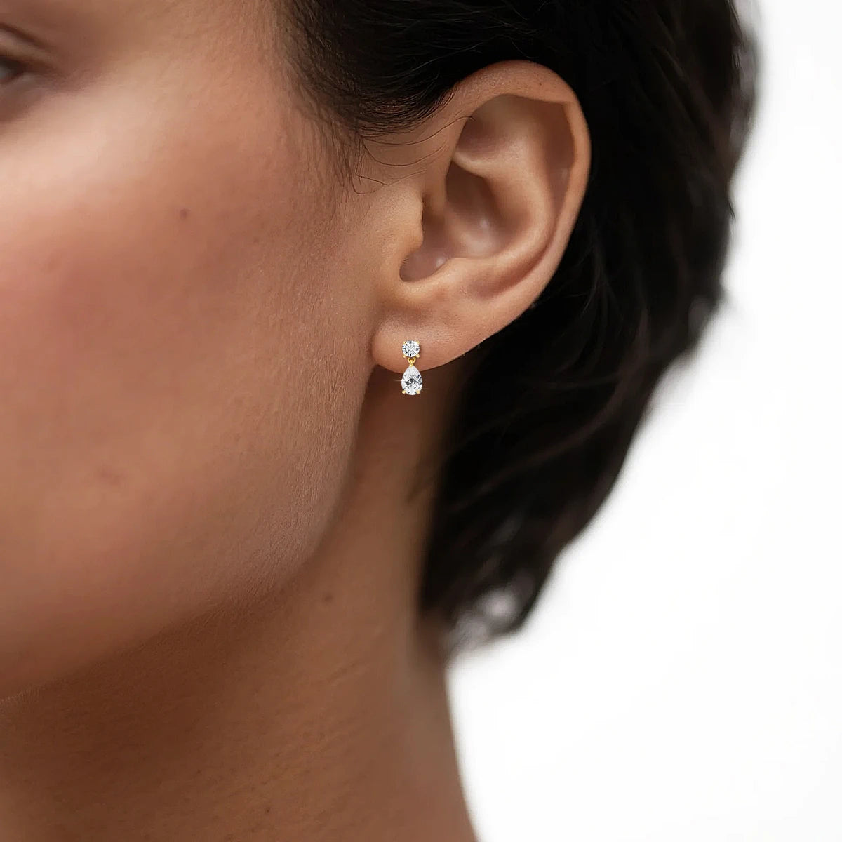 18K Gold Plated Two-Stone Moissanite Earrings Round & Pear Cut