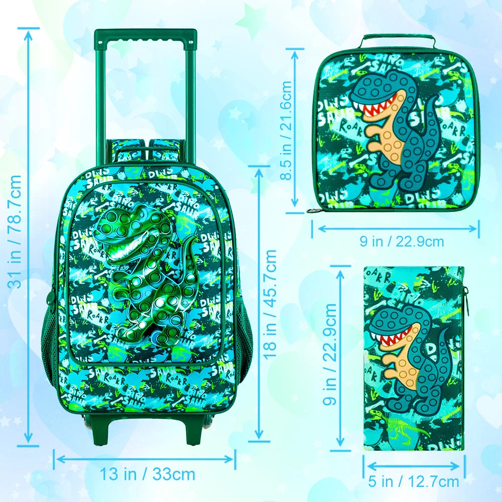 Dinosaur Print Boys Rolling Backpack 4 Pcs Set