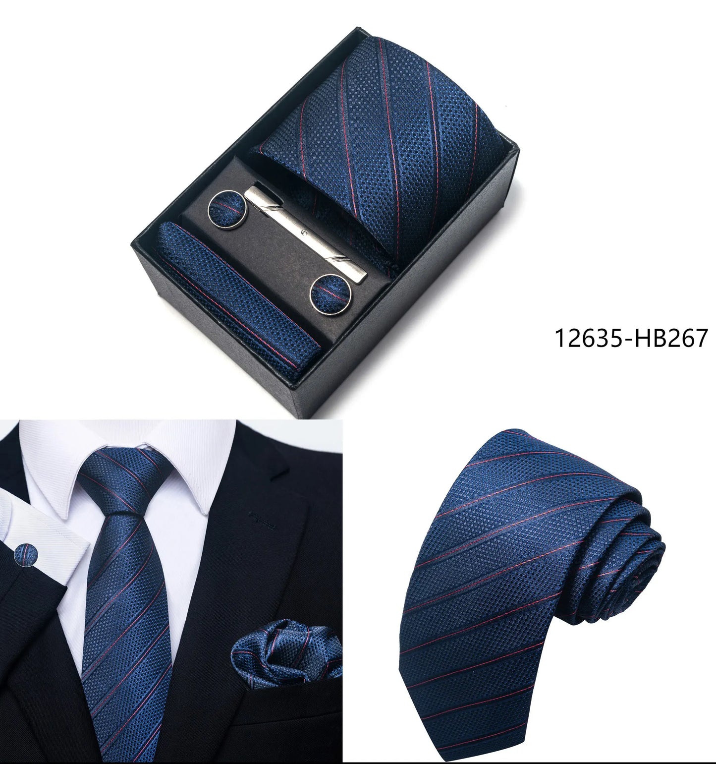 Solid Color 5 Pcs Tie Set Handkerchief, Cufflinks, Tie and Clip