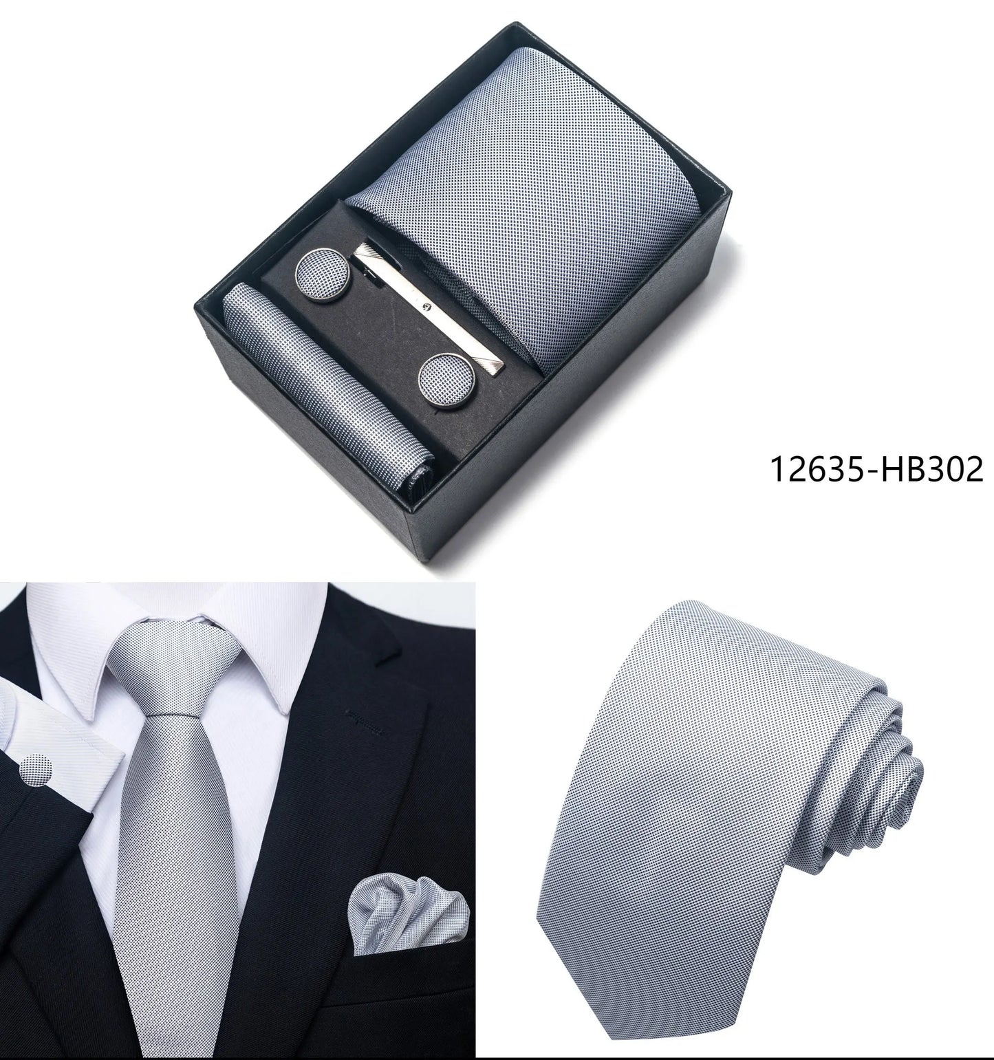 Solid Color 5 Pcs Tie Set Handkerchief, Cufflinks, Tie and Clip