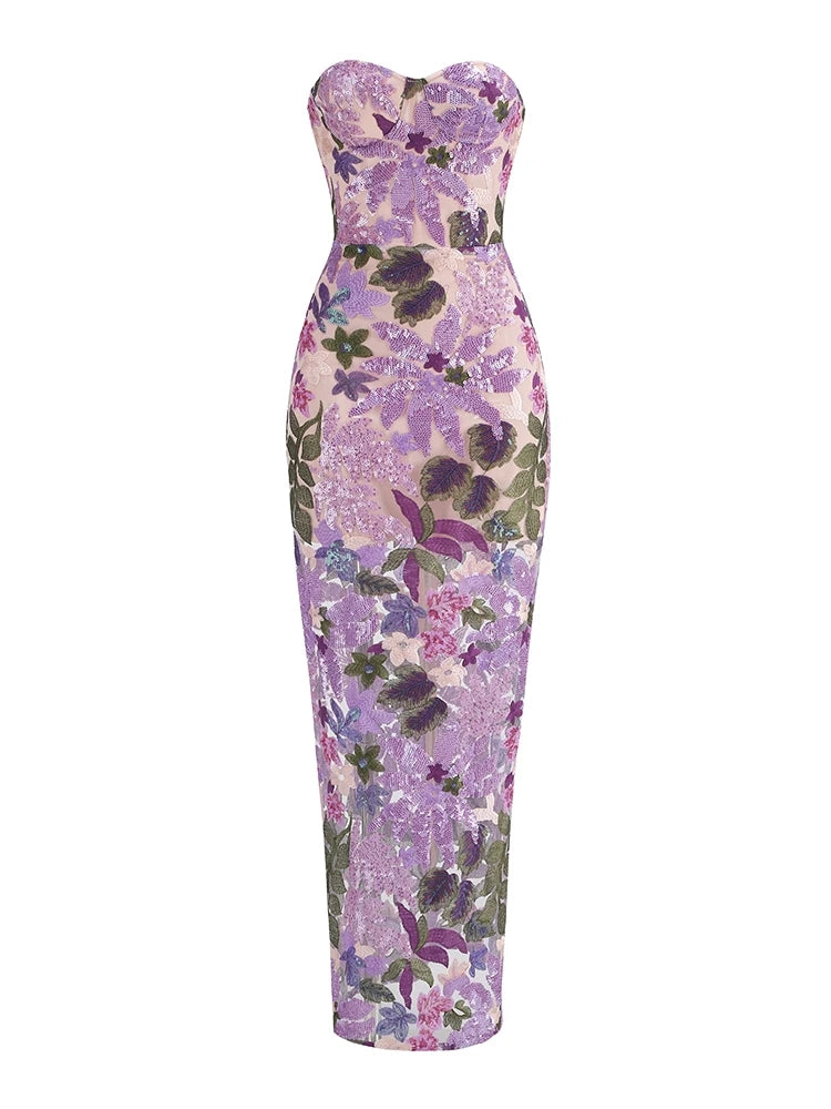 Strapless Sequin Floral Long Dress – Ankle-Length Gown