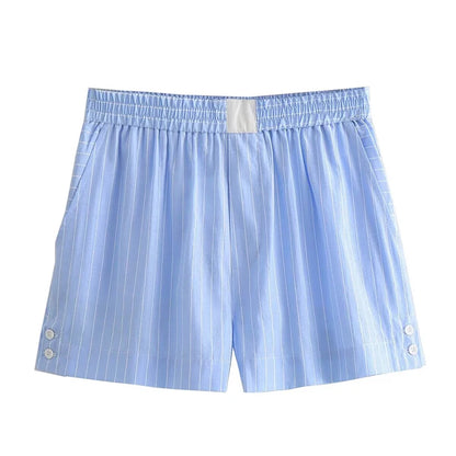 Sky Blue Striped Crop Shirt and Boxer Shorts Set