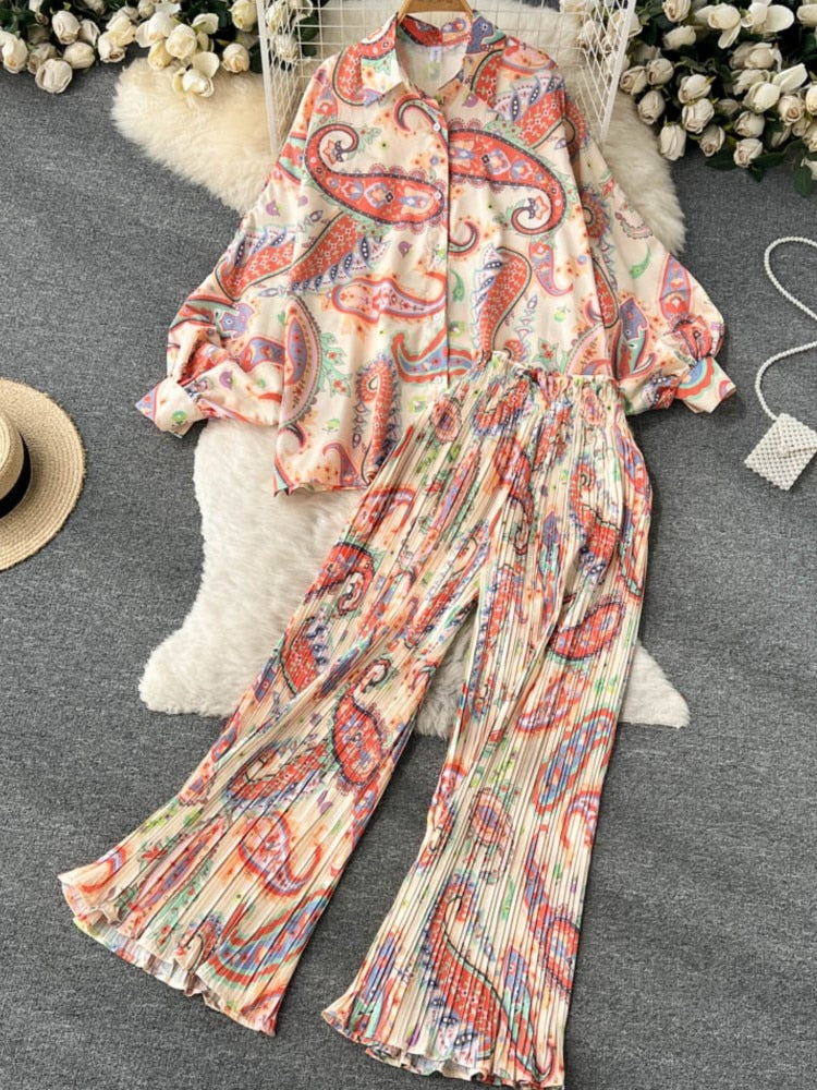 Vintage Prints Loose Shirt Cut and Elastic High Waist Pants Casual Set