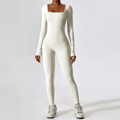 Square Neckline Long Sleeve Skinny Leg Jumpsuit