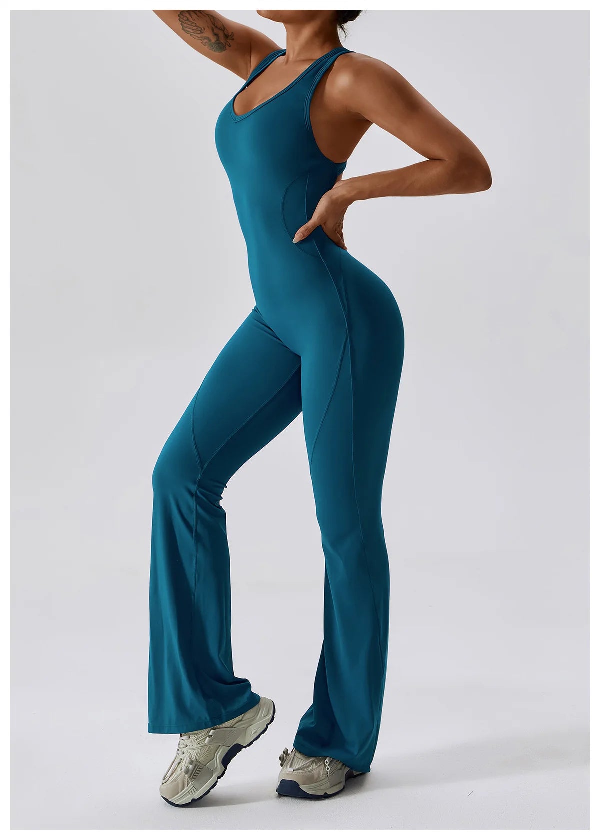 V Neckline Back Cut Out Flare Workout Jumpsuit