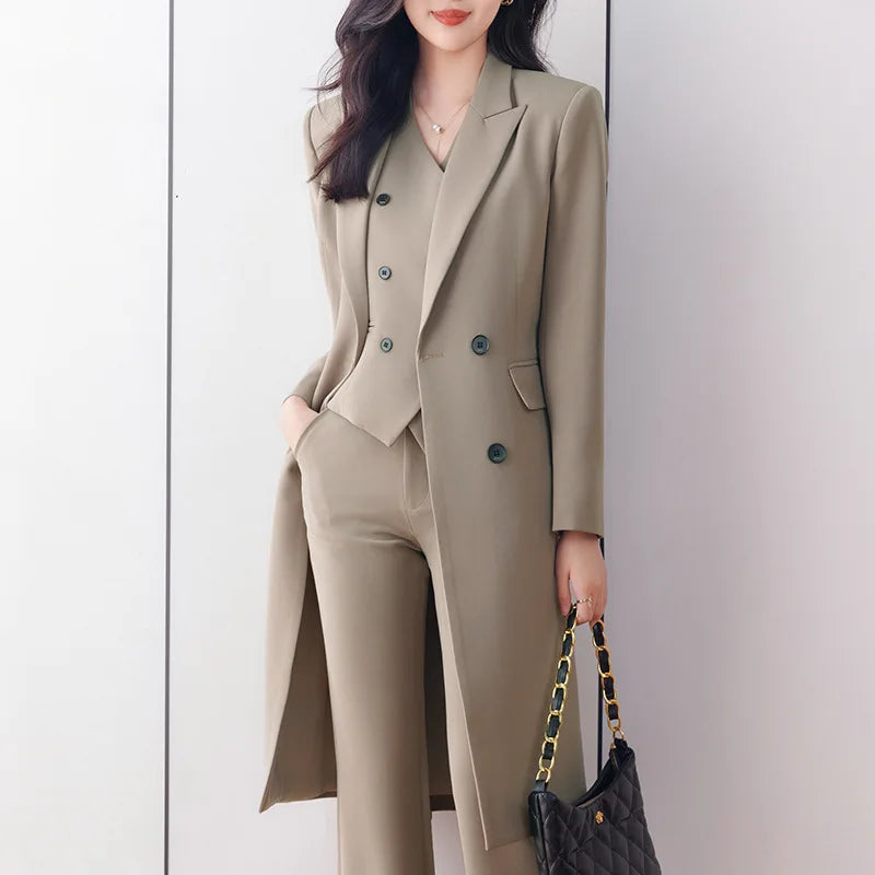 Women 3 Pcs Formal Suit Long Blazer, Vest, and  Straight Pants Suit