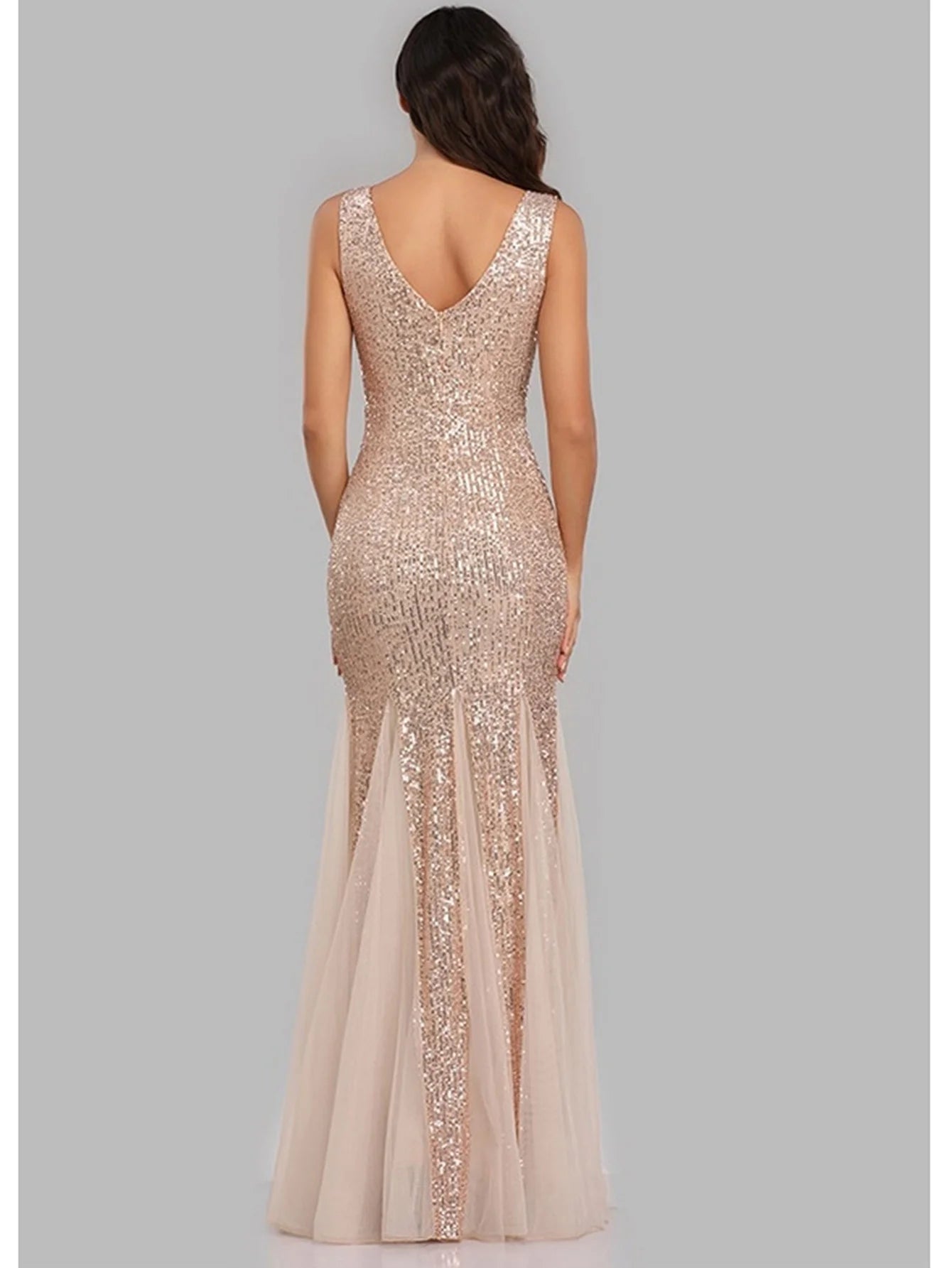 Sleeveless V Neckline Sequin Evening Dress