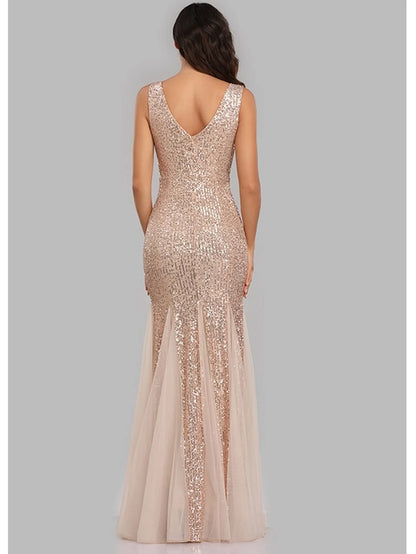 Sleeveless V Neckline Sequin Evening Dress