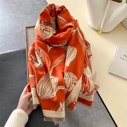 Tulip Flower Print Cashmere Scarf Double-Sided Pashmina