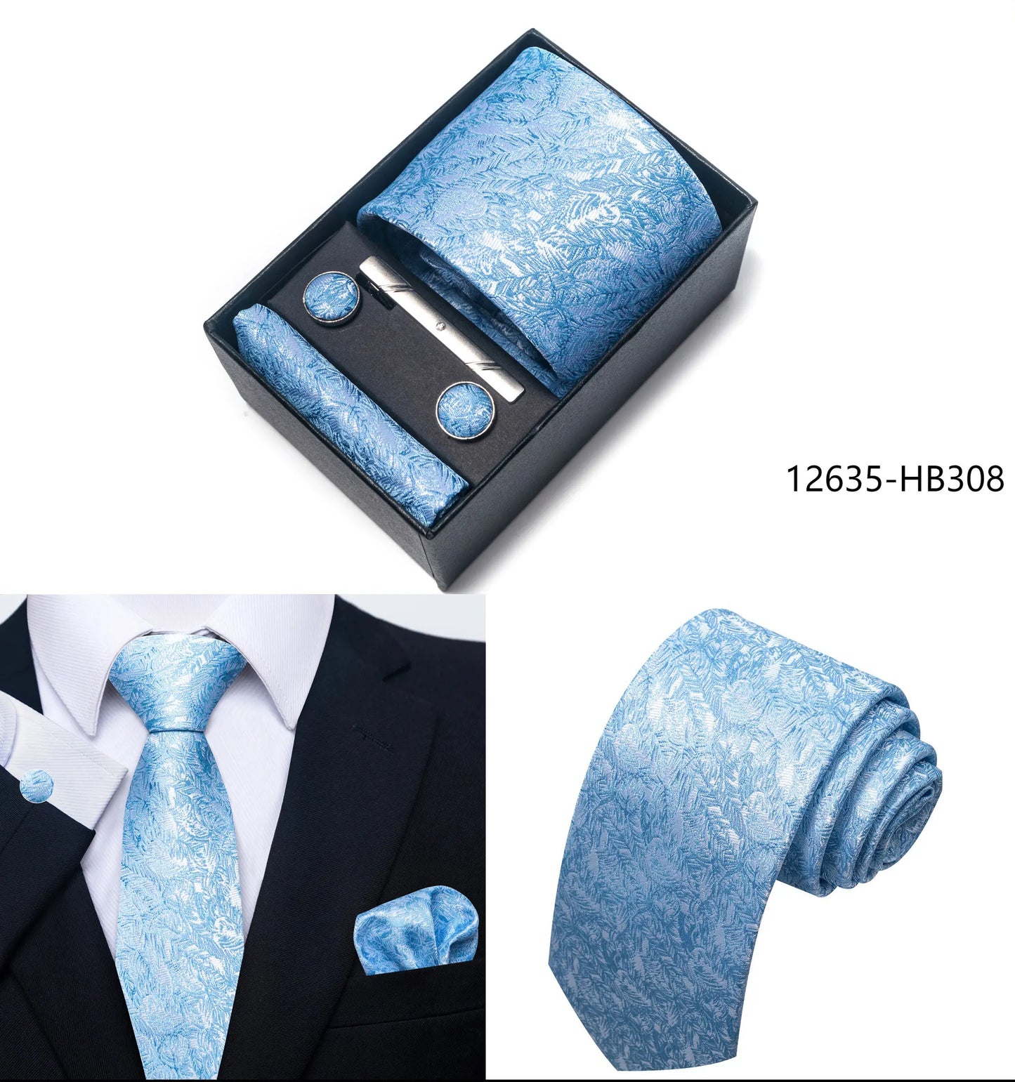 Solid Color 5 Pcs Tie Set Handkerchief, Cufflinks, Tie and Clip