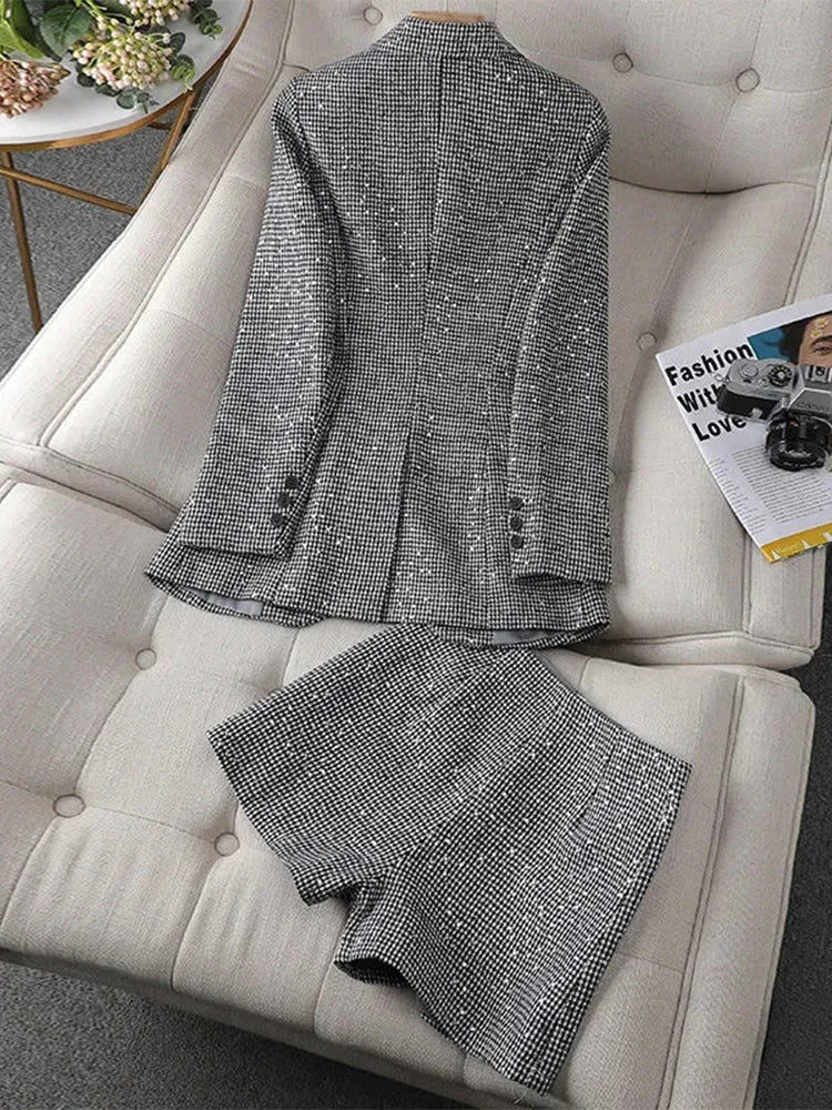 Houndstooth Sequin Blazer and Shorts Suit