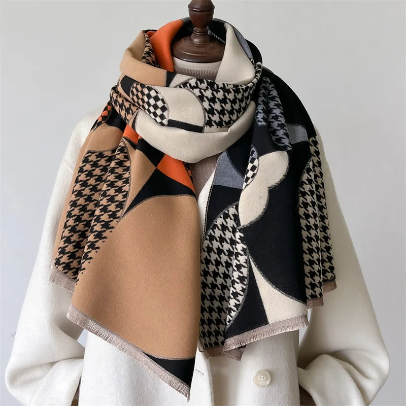 Luxury Houndstooth Clover Print Cashmere Pashmina Scarf