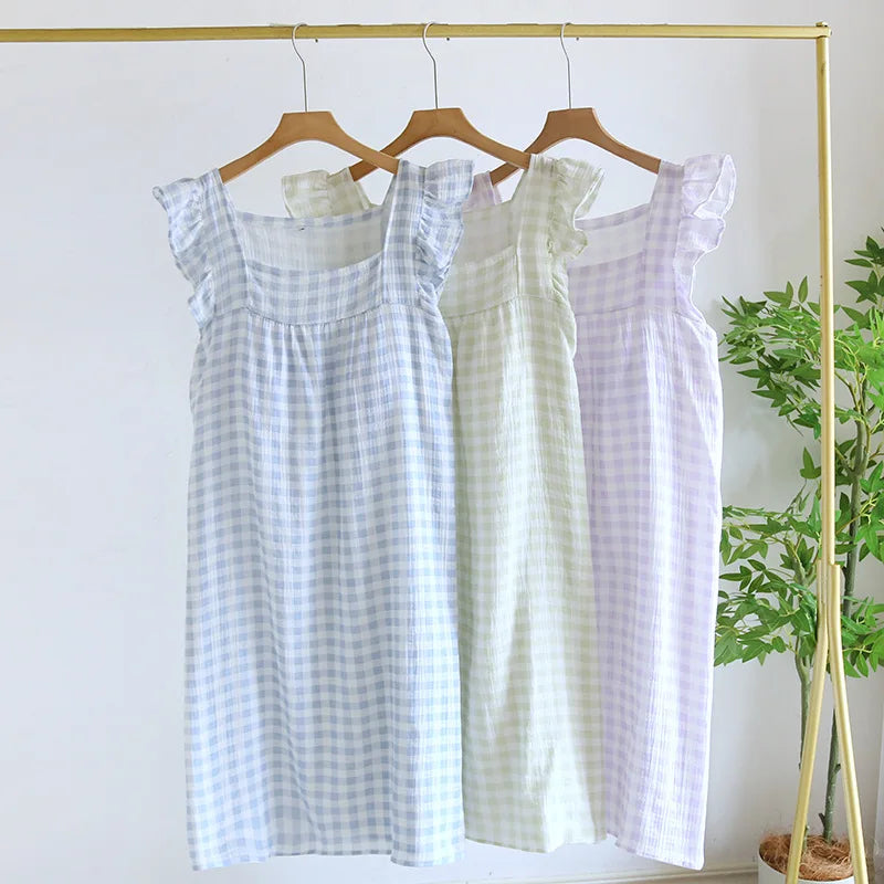 100% Pure Cotton Home Dress Plaid Nightgown with Built-in Bra