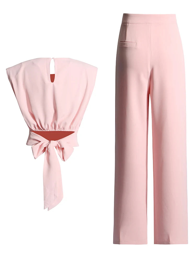 Back Bow Tie Top and Wide Leg Trousers Set