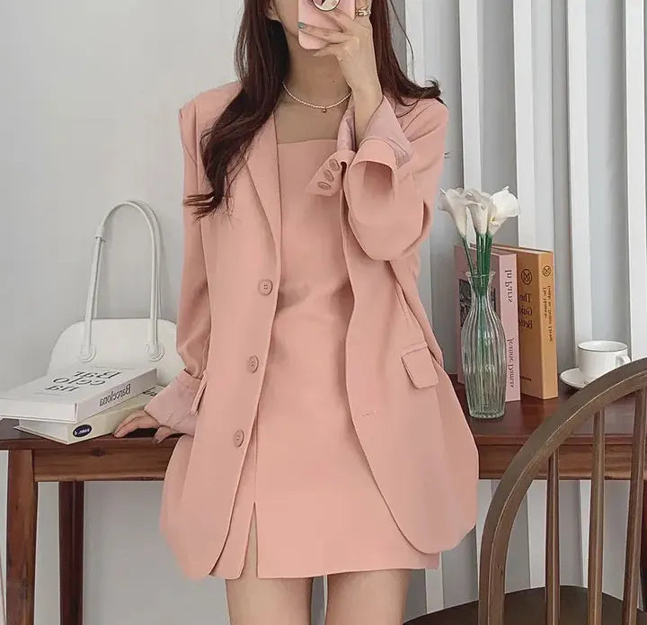 Blazer and Spaghetti Strap Short Dress Suit