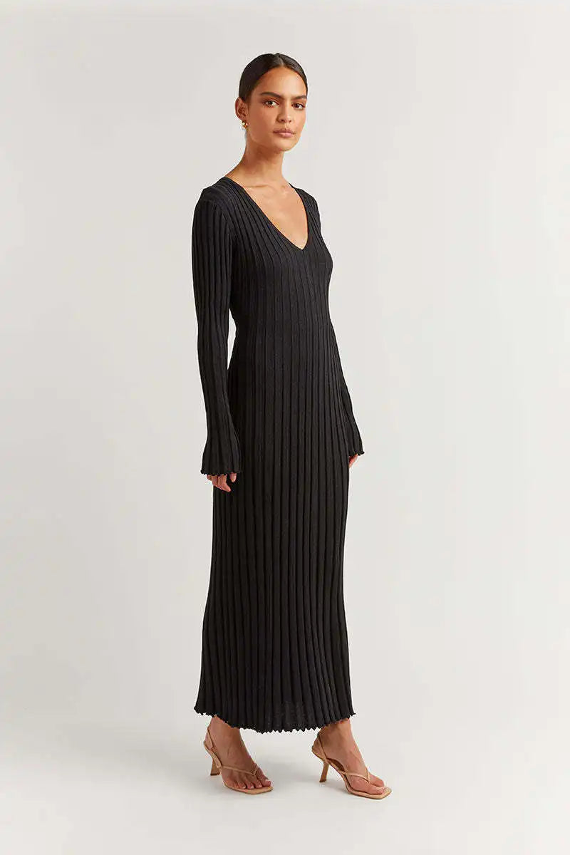 V Neckline Long Sleeve Knitted Maxi Dress