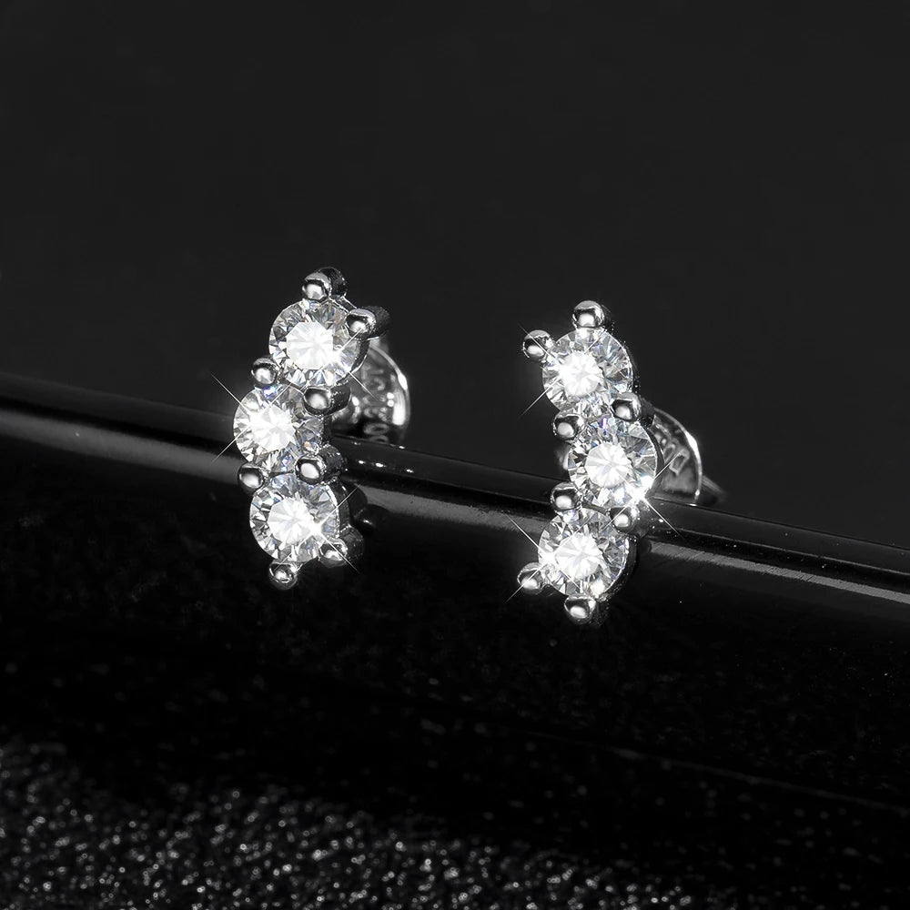 3-Stone Moissanite Stud Earrings – 18K Gold Plated, Gift for Her