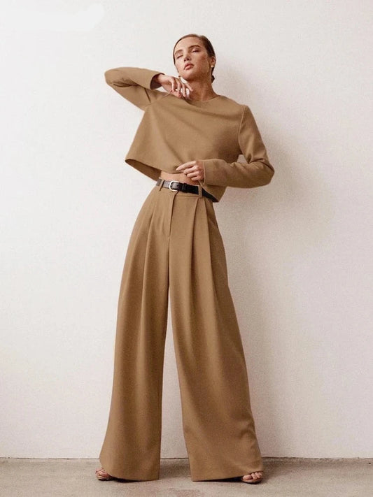 High Waist Wide Leg Suit Tailored Trousers with Long Sleeve Top Set