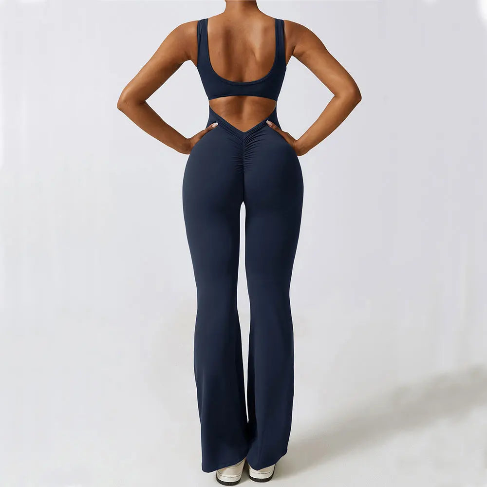 Yoga Wide Neckline Wide Leg Back Cut-Out Jumpsuit Workout Bodysuit