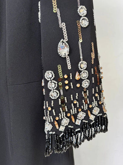Beaded Haute Couture Floor-Length Dress – 3/4 Sleeves, Formal Elegance