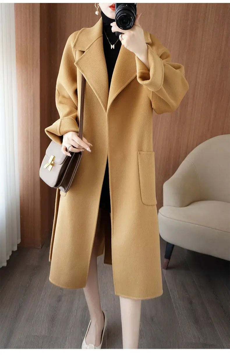 100% Cashmere-Wool Blend Belted Long Overcoat
