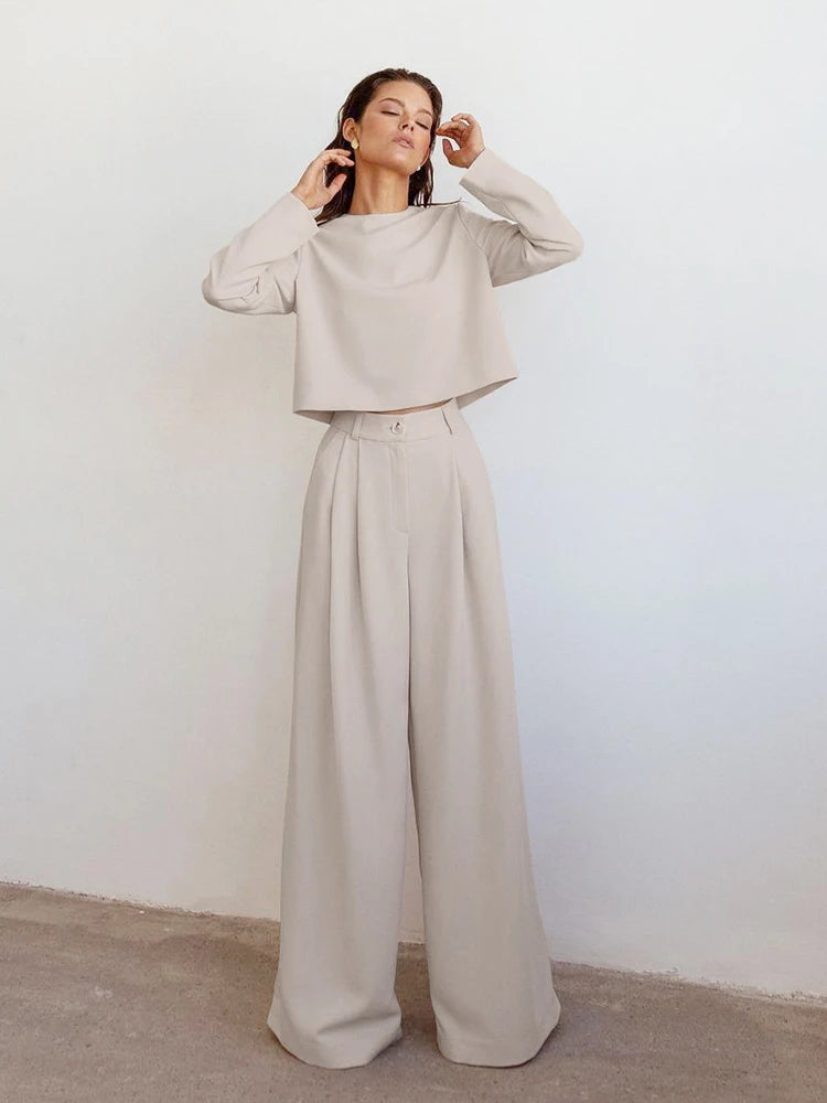 High Waist Wide Leg Suit Tailored Trousers with Long Sleeve Top Set