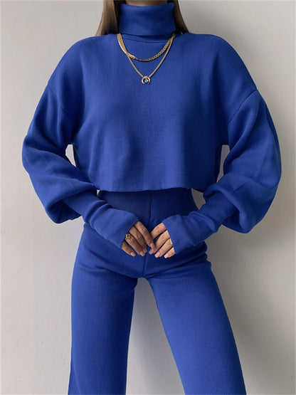 High Neckline Crop Top with Trousers Set