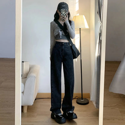 High Waist Straight Leg Denim Trousers