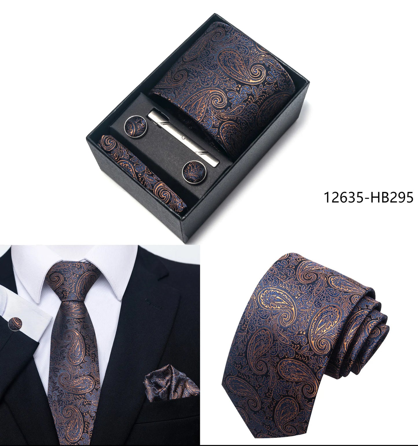 Solid Color 5 Pcs Tie Set Handkerchief, Cufflinks, Tie and Clip