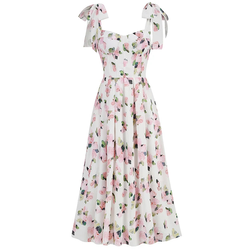 Corset Floral A-Line Dress with Wide Bow Straps