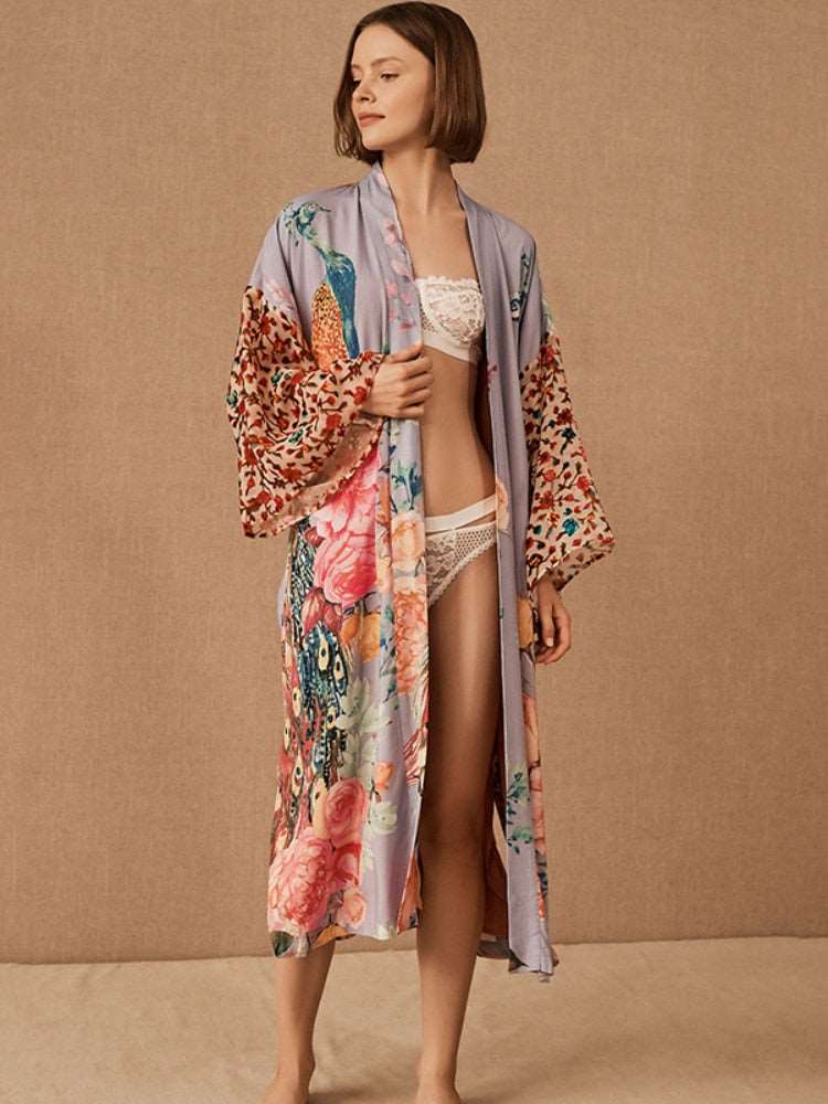 Beach Kimono Peacock Printed Swimsuit Cover Up