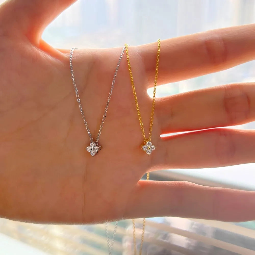 Moissanite Four-leaf Flower Necklace with a Matching Earrings