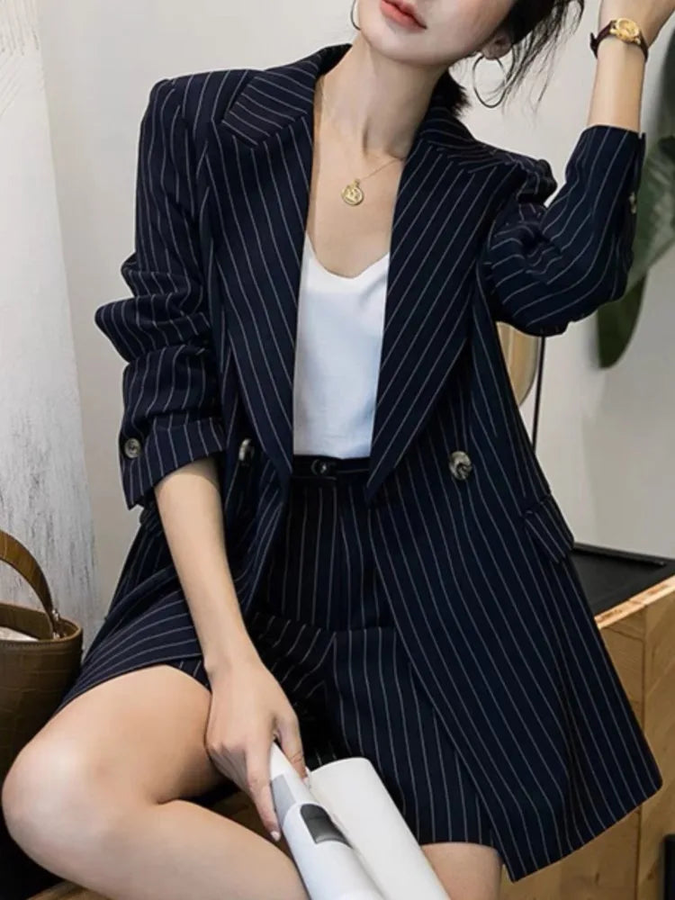 Navy Blue Striped Loose Cut Blazer and Shorts Suit