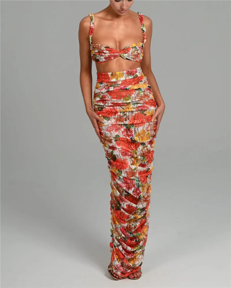 Floral Spaghetti Straps Bra Top and Skirt Set