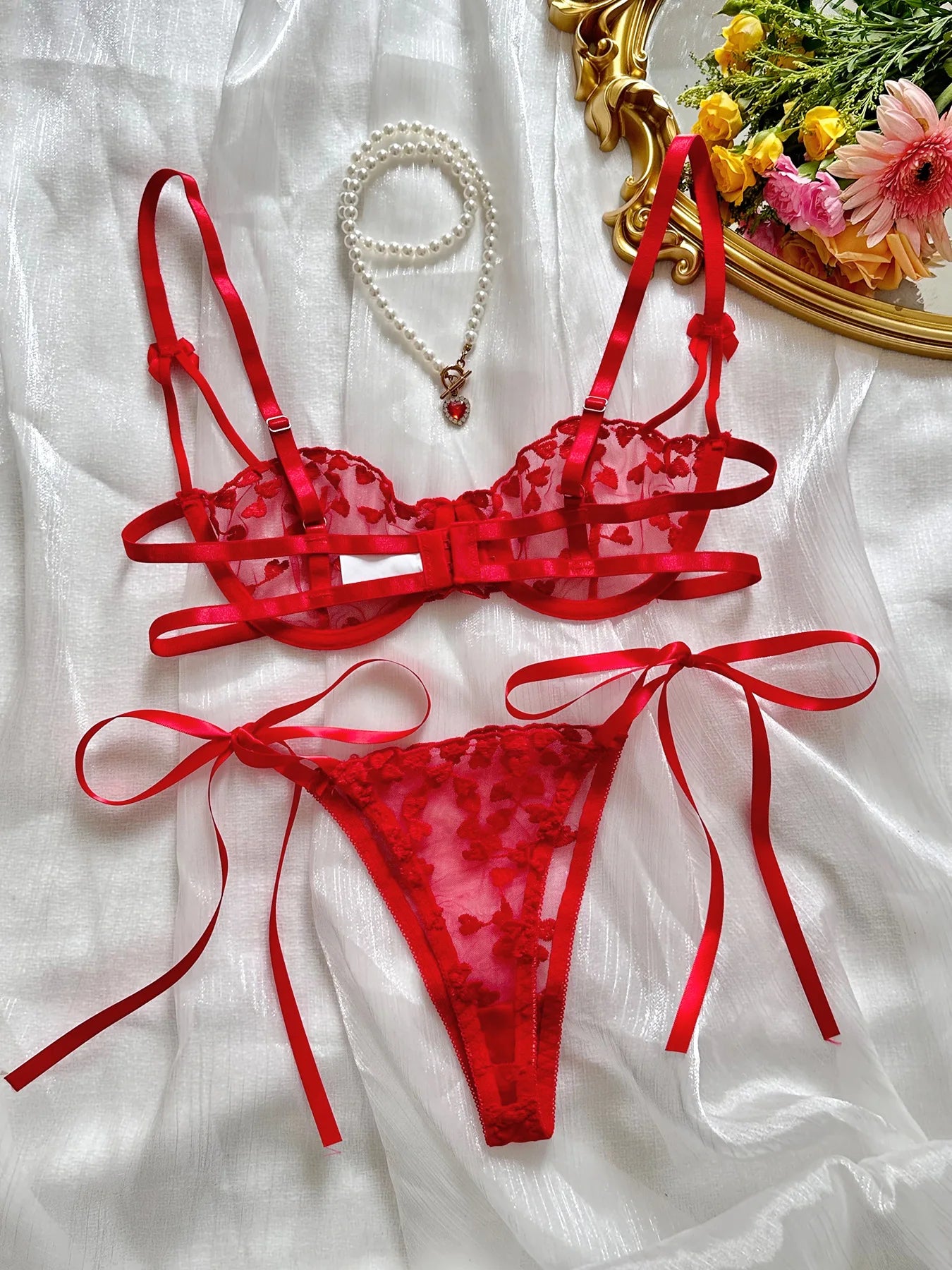 Heart Embroidery Lace Lingerie Set with Bow Details