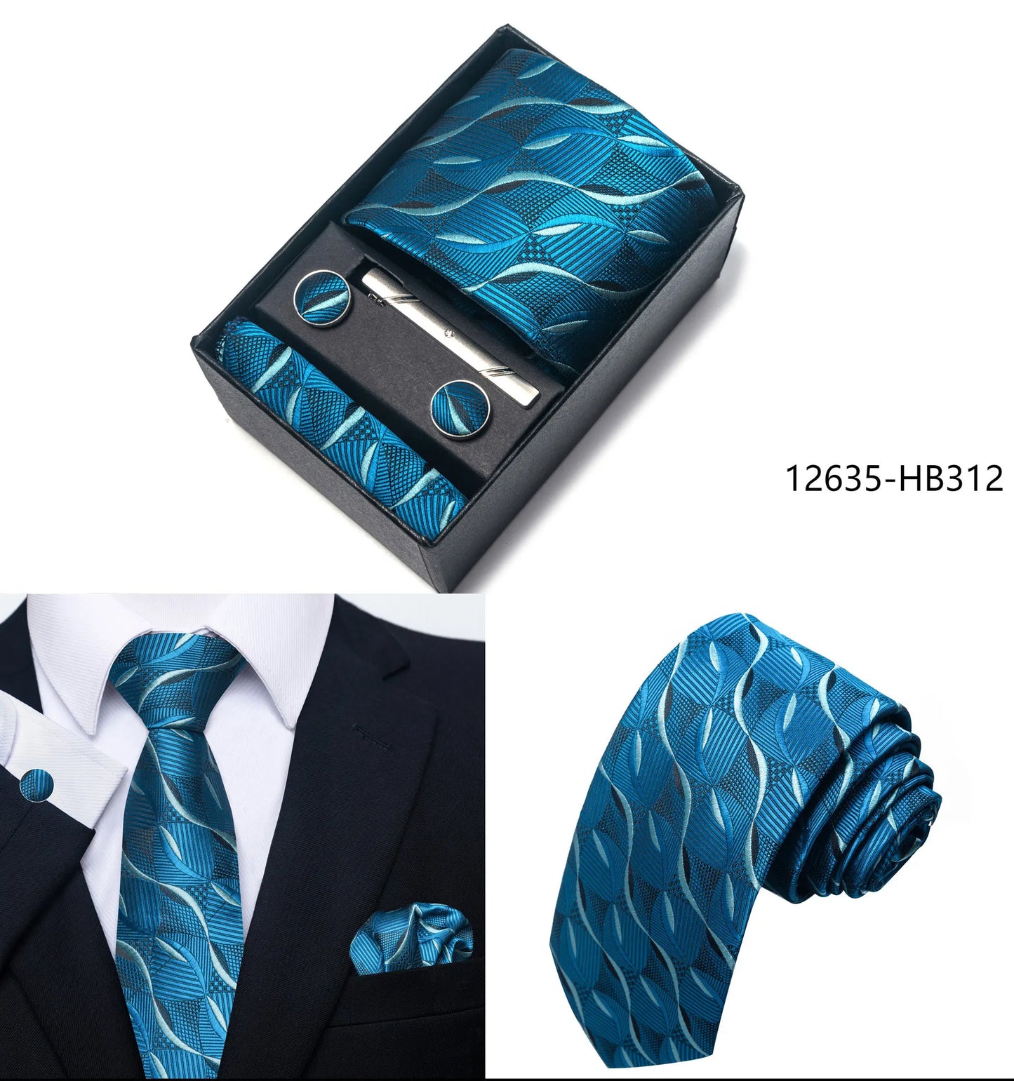 Solid Color 5 Pcs Tie Set Handkerchief, Cufflinks, Tie and Clip