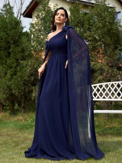 One Shoulder Very Long Sleeve Chiffon Evening Dress – Plus Size Dress with Flower Details