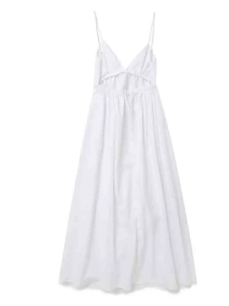 Backless V Neckline Maxi White Dress