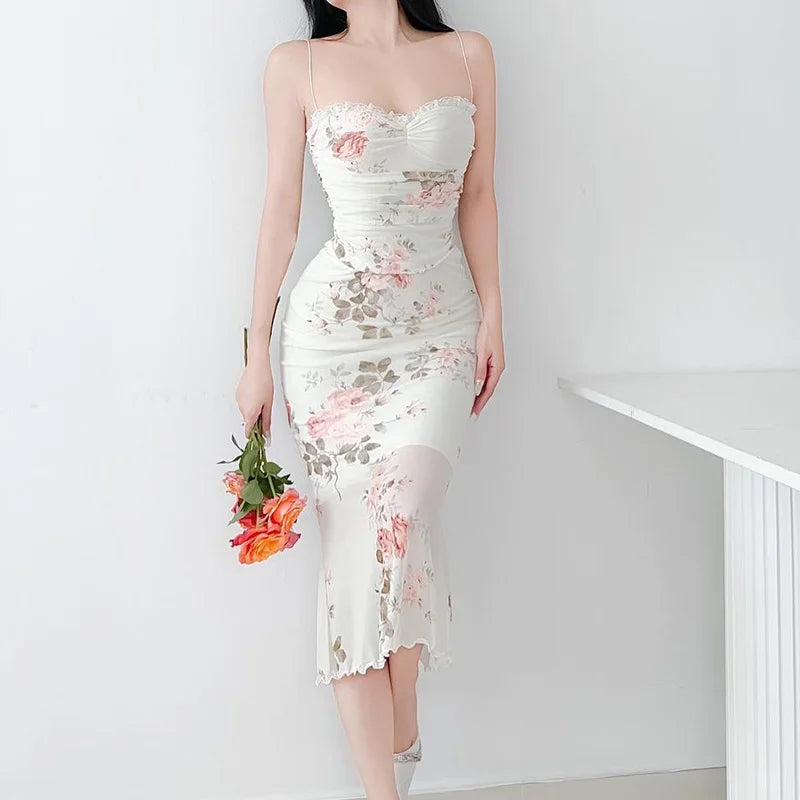 Sweetheart Neckline Flower Print Bodycon Dress